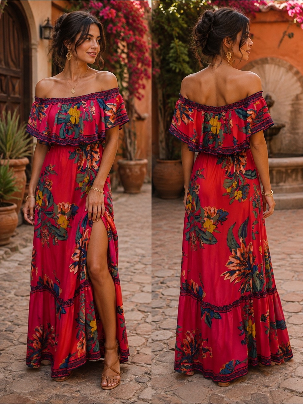 Boho Floral Vibrant Off Shoulder Maxi Dress Resortwear Vacation Beach Festival